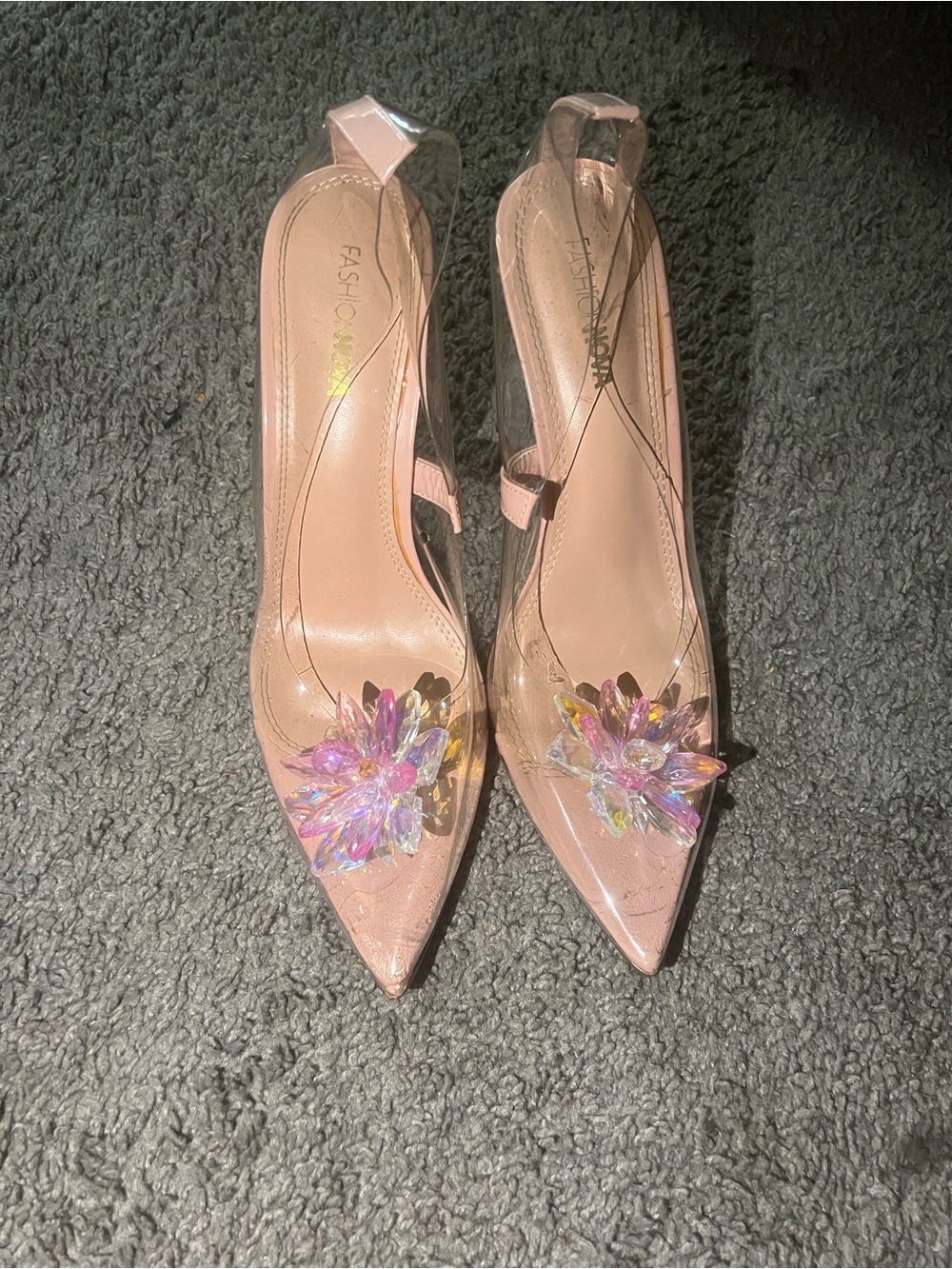 Fashion Nova Pink Pointed Toe Slingback Heels with Iridescent Crystal Flower